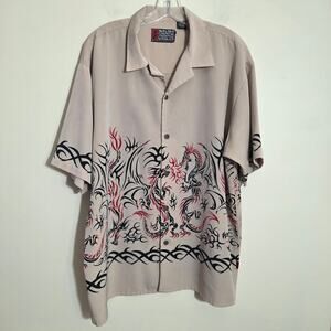 Vtg Pineapple Connection dragon tribal print button front camp shirt Mens size L